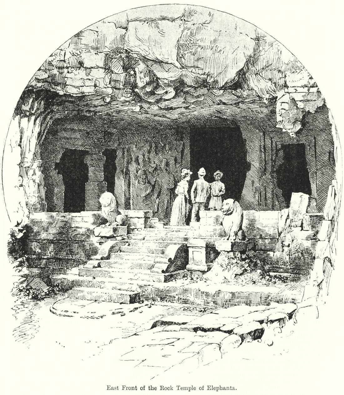 Østfronten af klippetemplet i Elephanta (gravering) af English School
