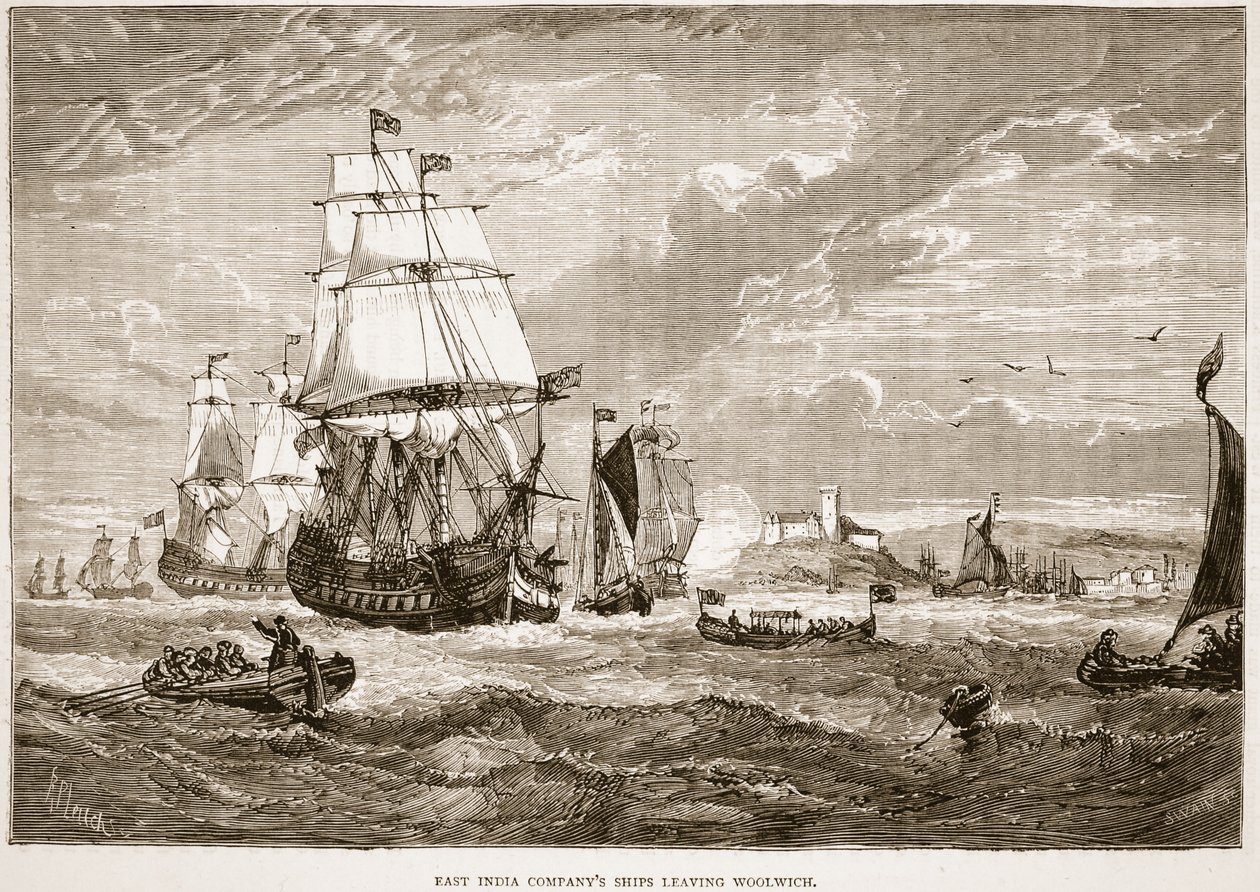 East India Company-skibe, der forlader Woolwich, illustration fra Cassell