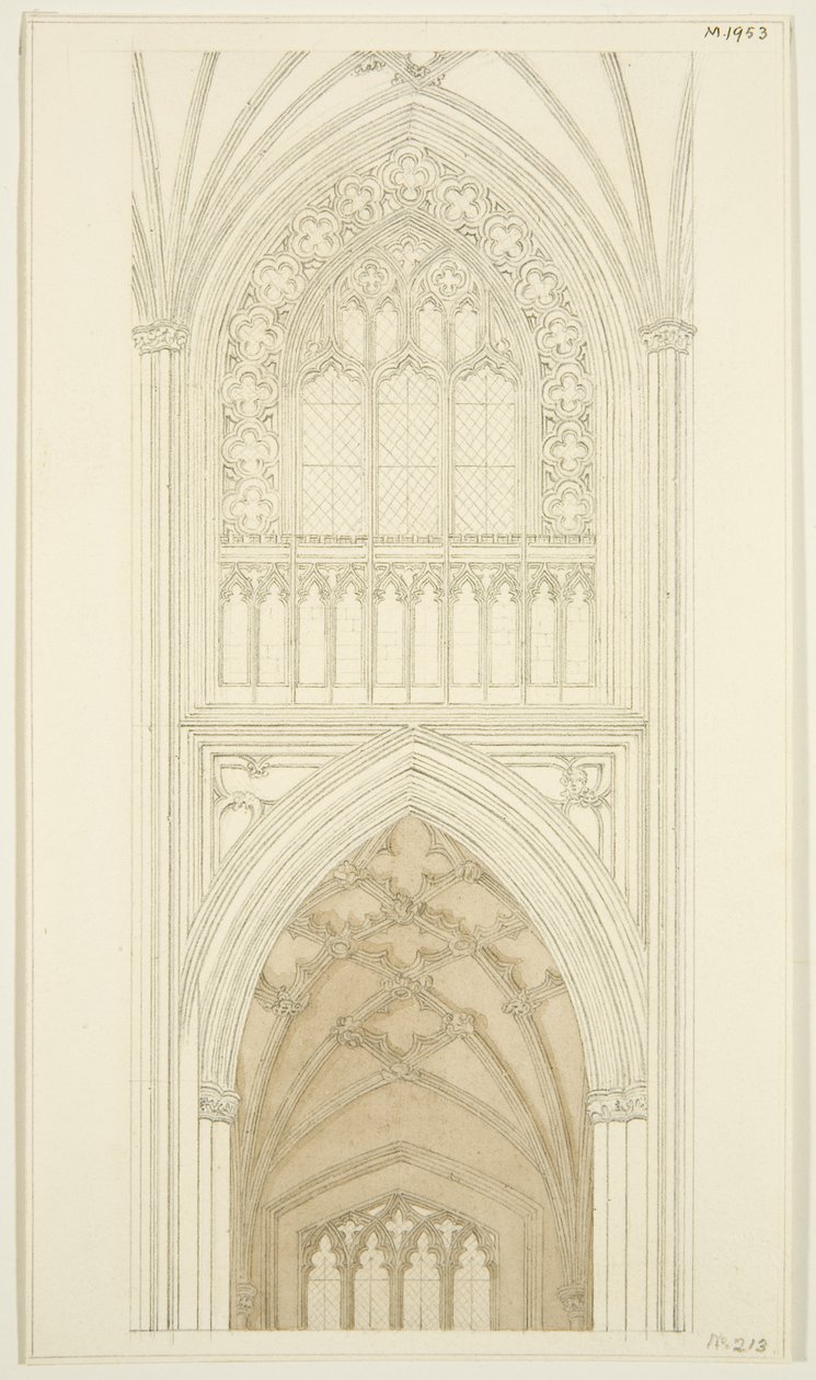 Østsiden af South Transept of St Mary Redcliffe (blyant og akvarel på papir) af English School