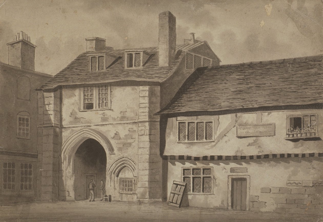 Østudsigt over porten til Abbey of St Saviour, Bermondsey, ca. 1825 (pen, blyant og vask på papir) af English School