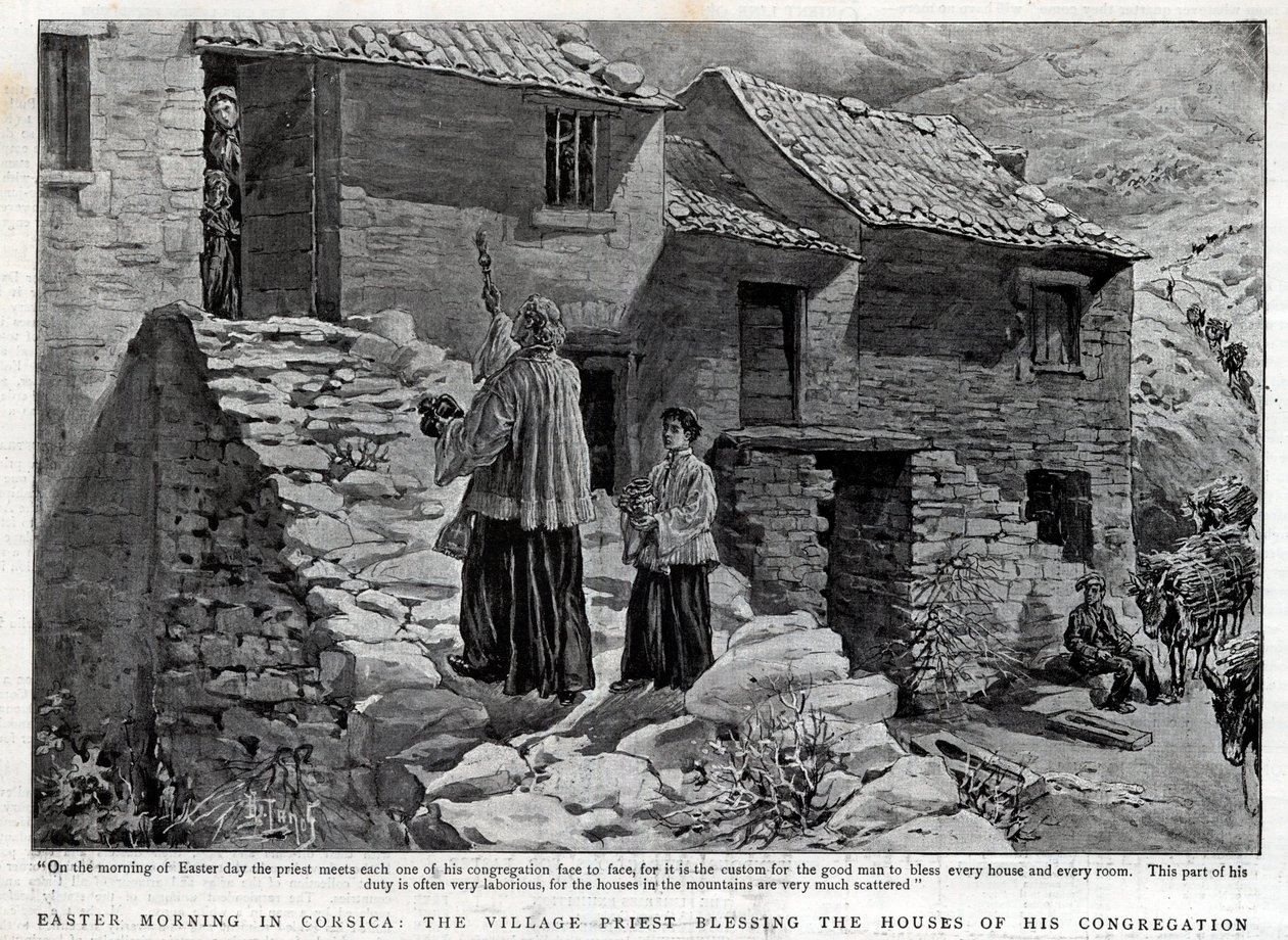 Påskemorgen på Korsika, landsbypræsten velsigner husene i sit sogn - Påskemorgen på Korsika, landsbypræsten velsigner husene i sin menighed. Illustration til The Graphic af English School