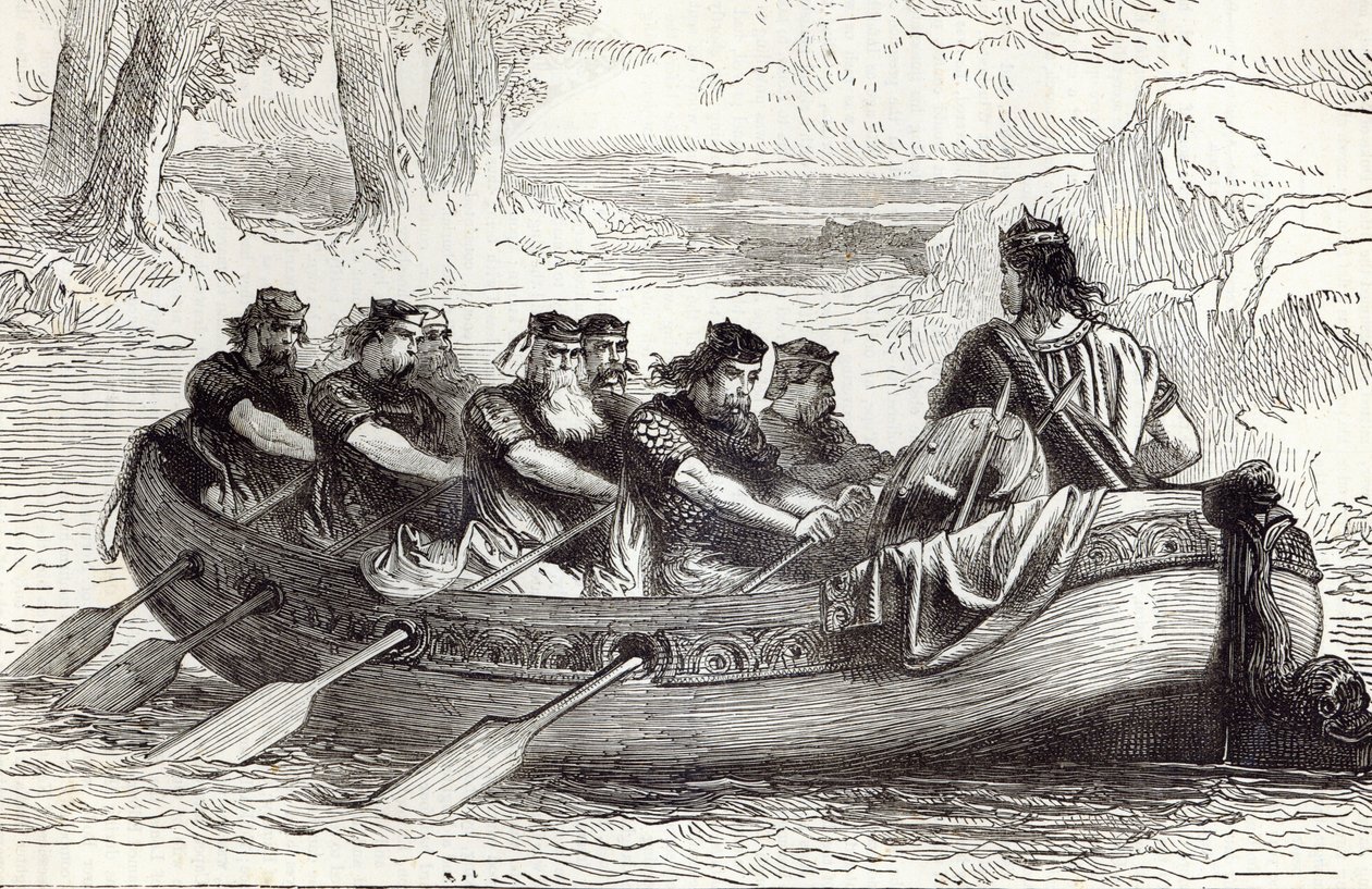 Edgar Stillehavet bliver roet ned ad floden Dee af Eight Tributary Princes, illustration fra 