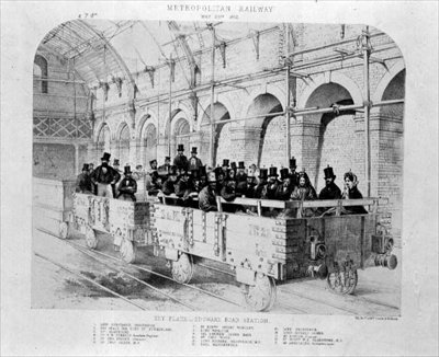 Edgware Road Station på den første tur til Metropolitan Railway, 24. maj 1862 (litho) af English School