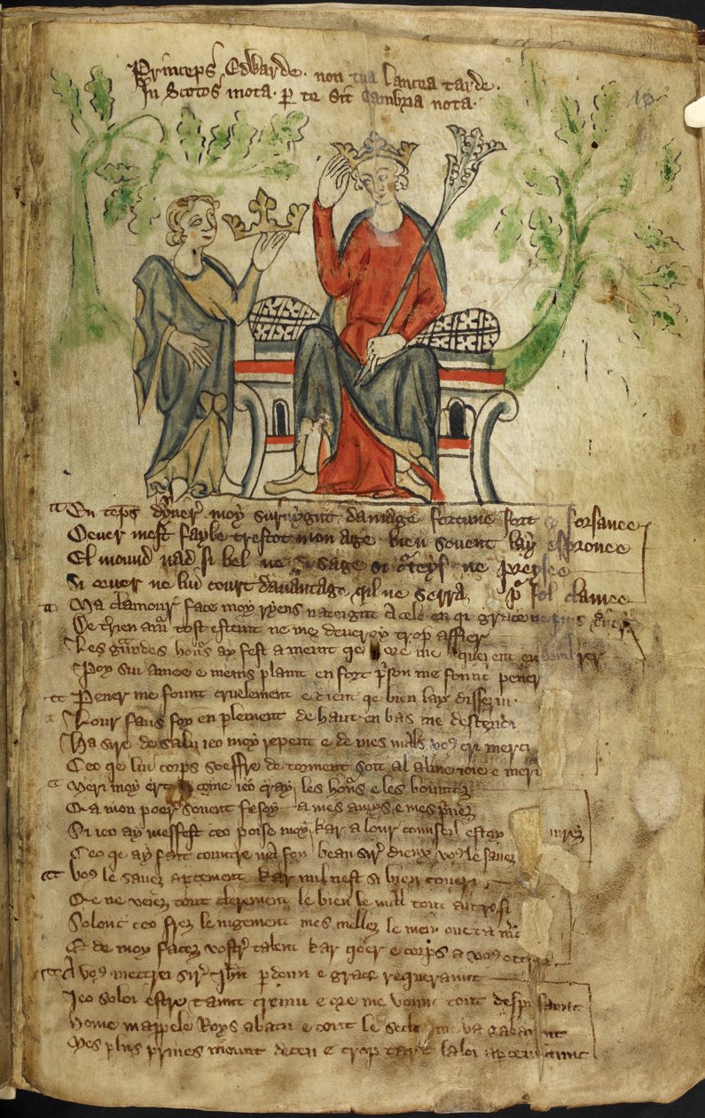 Edward II sidder på en trone med scepter i venstre hånd og rører ved sin krone med højre hånd. En lille figur (muligvis en personificering af Wales) tilbyder ham endnu en krone (sandsynligvis Skotlands krone). Det menes, at den anden figur er en af English School