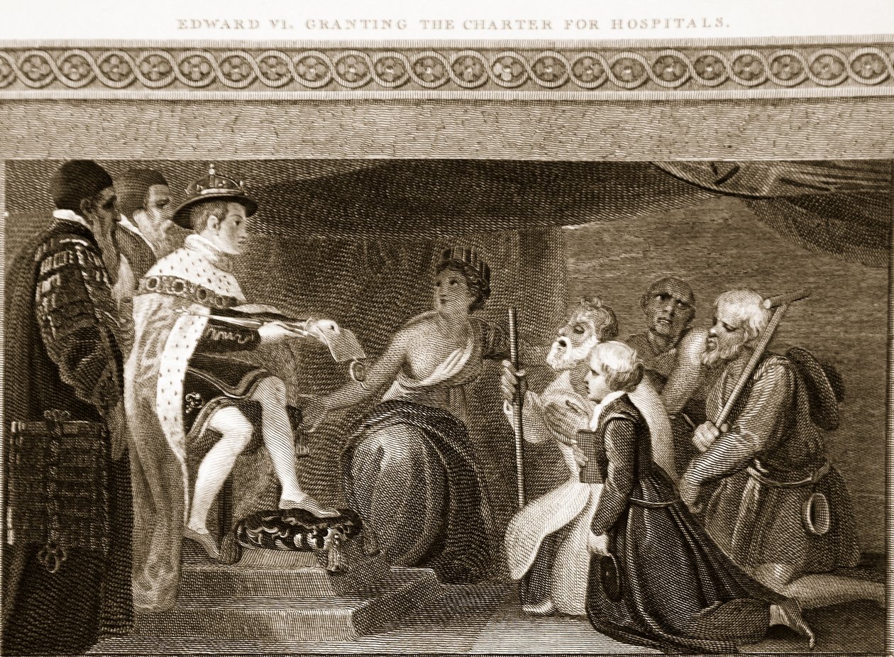 Edward VI giver Charter for Hospitaler, illustration fra David Humes The History of England, pub. af R. Bowyer, London, 1812 88: af English School