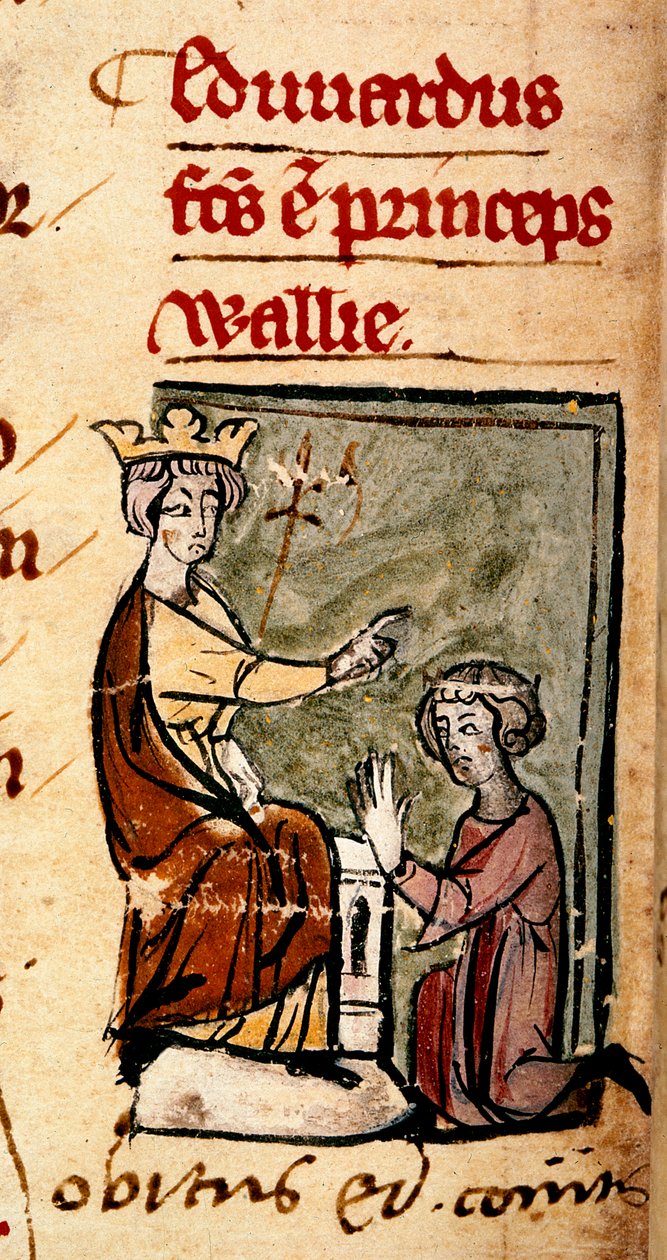 Edward af Caernarvon [Edward II] skabte Prince of Wales og Earl of Chester af sin far, kong Edward I, ved Lincoln-parlamentet, illustration fra 