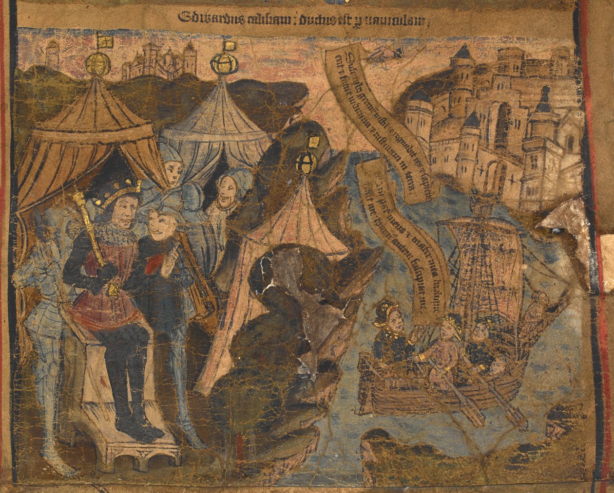 Edward af York, sammen med jarlerne af Salisbury og Warwick, sejlede til Calais efter slaget ved Ludford Bridge. Kong Henrik VI ser på triumf, illustration fra 