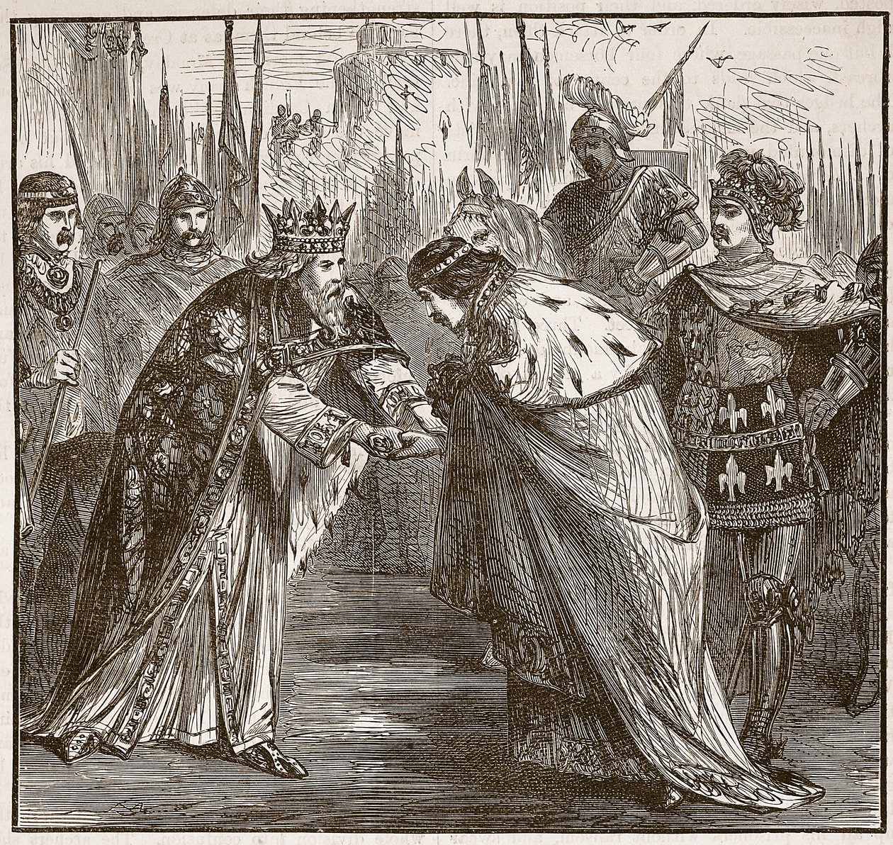 Edward modtager Kong John af Frankrig, illustration fra Cassells Illustrated History of England (sepia foto) af English School