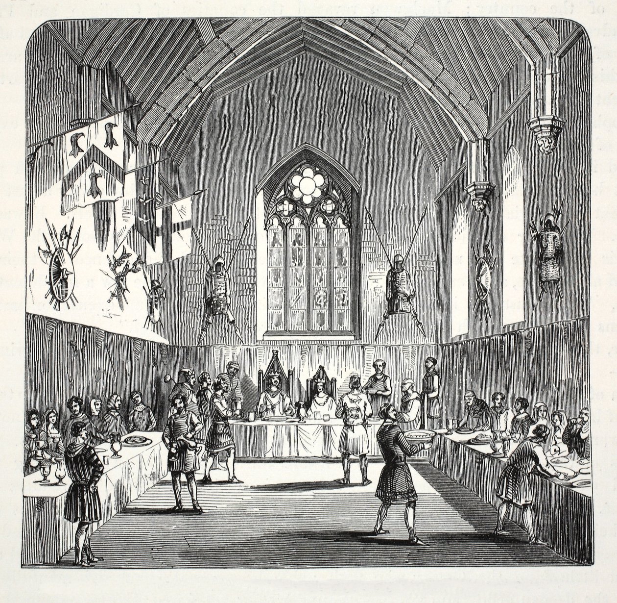 Edward den Første og dronning Eleanor holder jul på Conway Castle, pub. 1800-tallet (stålgravering) af English School