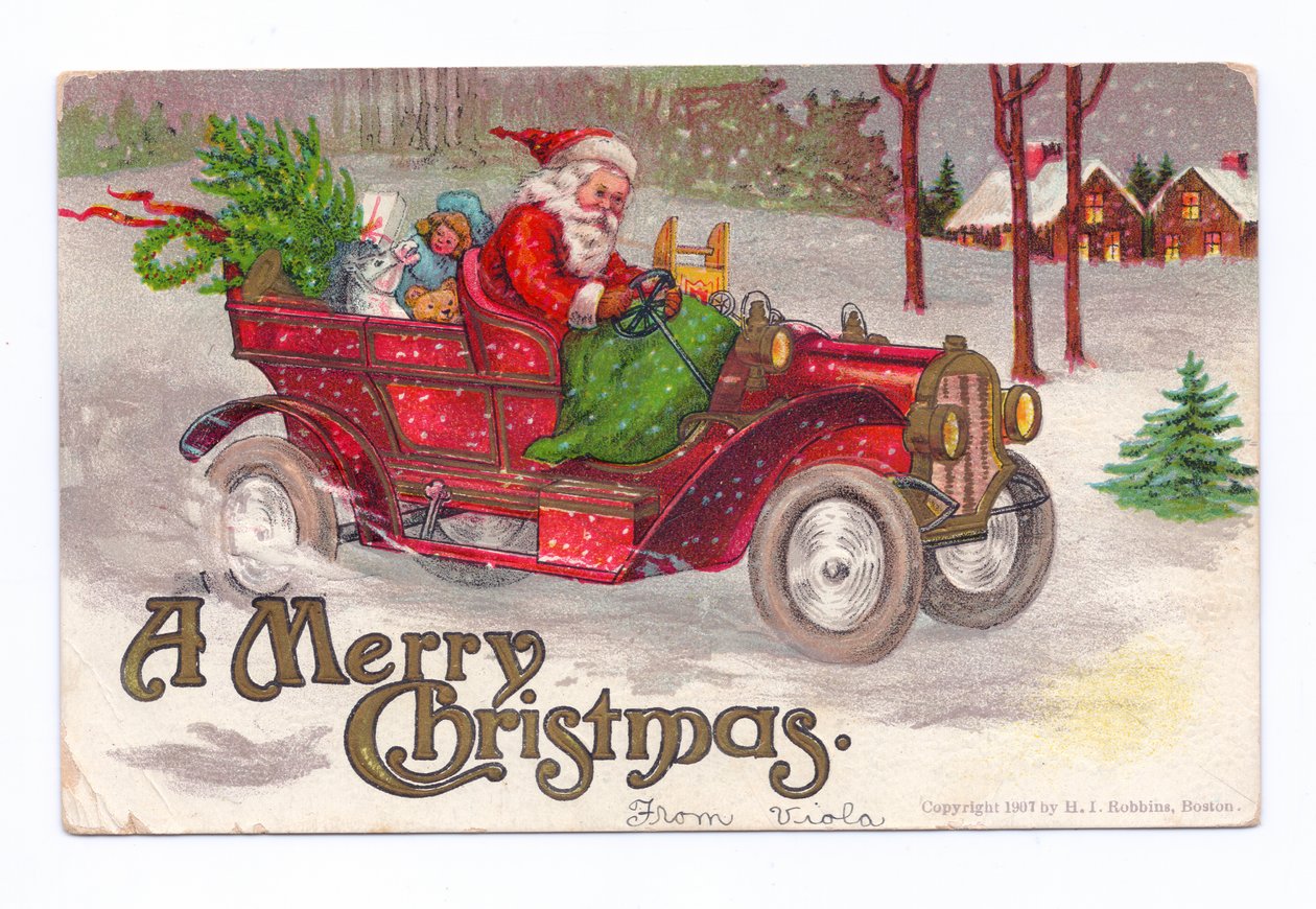 Edwardiansk julepostkort af Father Christma, der kører i en veteranbil gennem sneen, ca. 1910 (farvelitografi) af English School