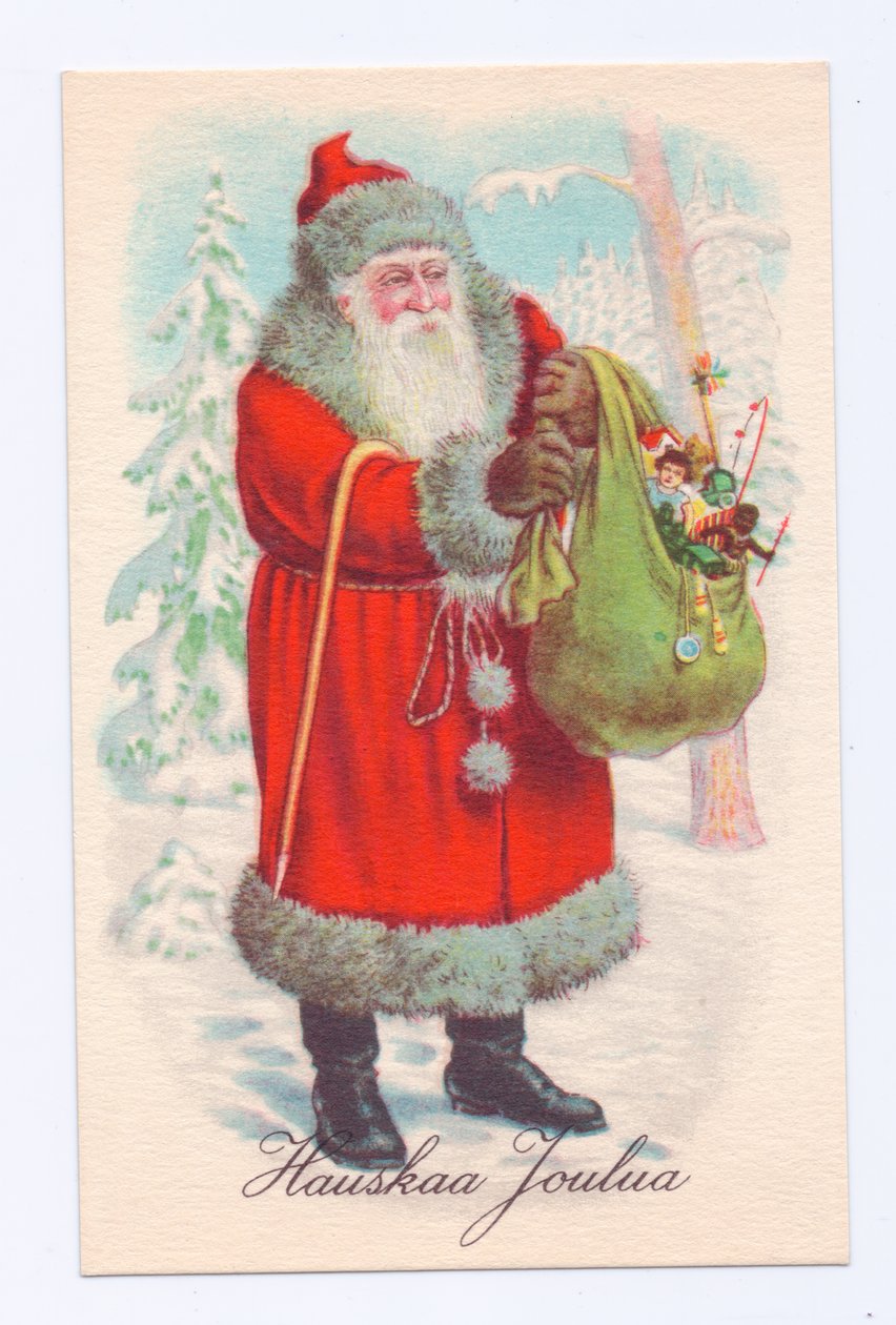 Edwardiansk postkort af julemanden, der holder en sæk med legetøj, ca. 1910 (farvelitografi) af English School