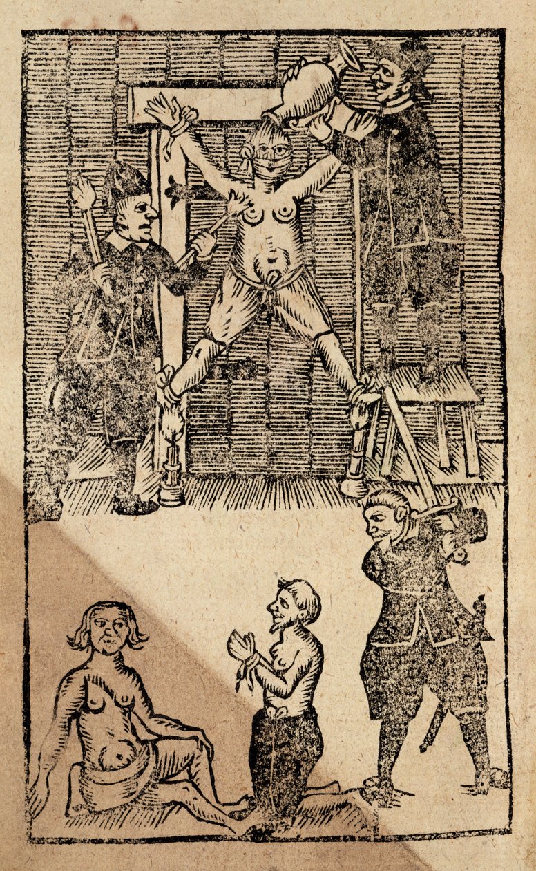 F.eks. 1475 f.1 hollandske bosættere i Amboyna torturerer en engelsk købmand forud for massakren i 1623, der satte en stopper for britisk handel i Østindien (træsnit) af English School