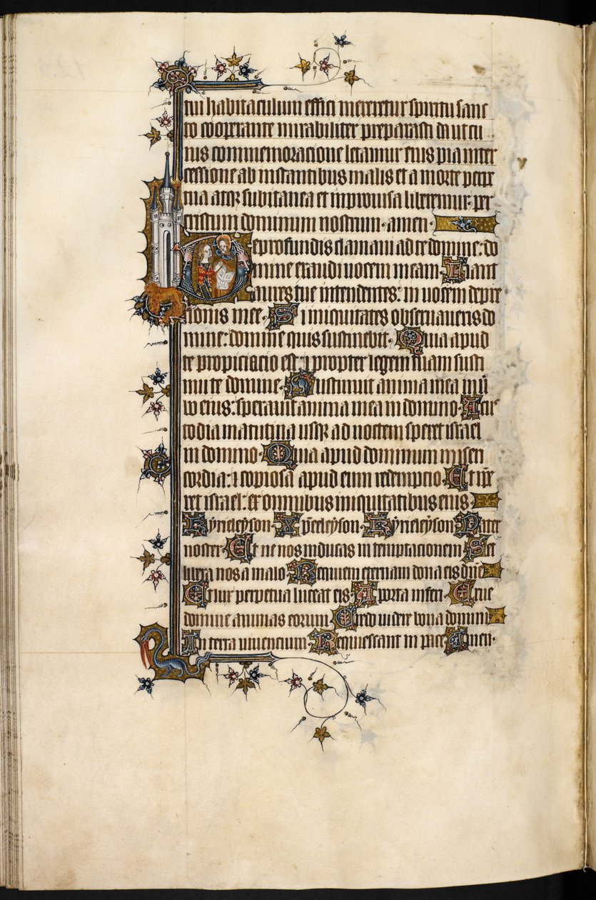 Egerton MS 3277, f.131v, Bohun-dame ved bøn, med marginalløve og borg, fra 
