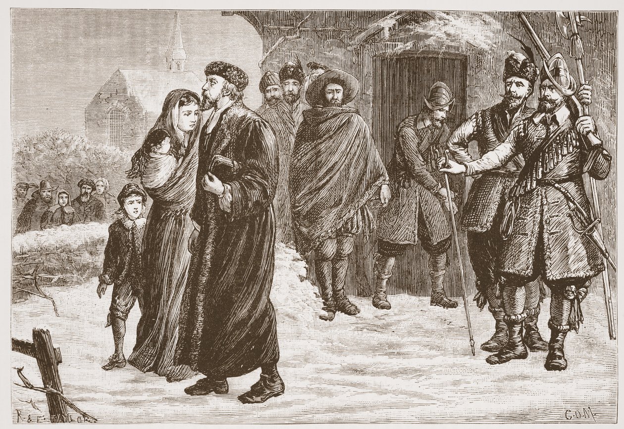 Udstødelse af en ungarsk protestantisk præst om vinteren, illustration fra The History of Protestantism af James Aitken Wylie (1808-1890), pub. 1878 af English School