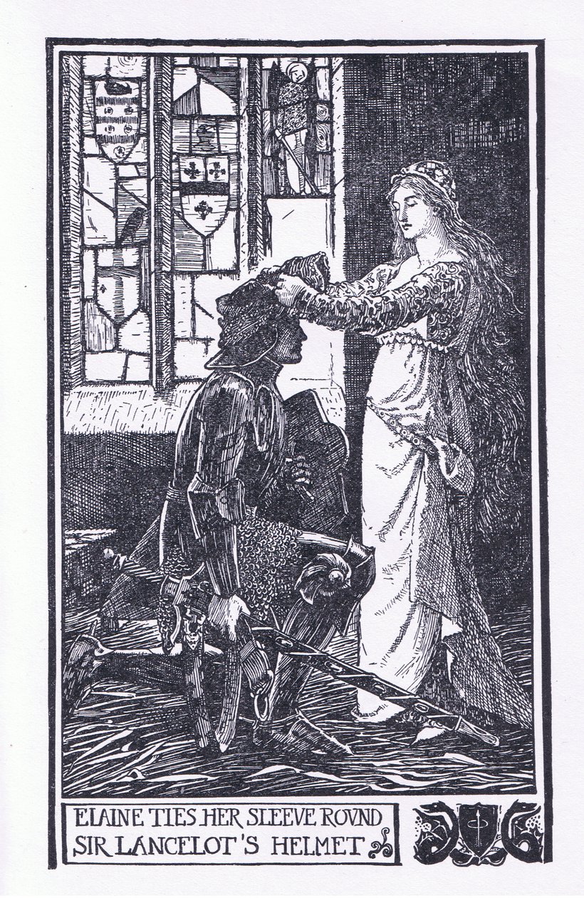 Elaine binder sit ærme om Sir Lancelots hjelm, illustration fra 