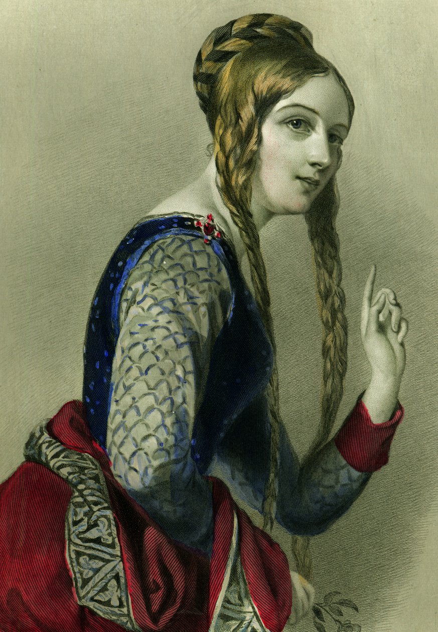 Eleanor af Aquitaine, dronning af Henrik II, trykt af Henry G. Bohn, 1856 (farvegravering) af English School