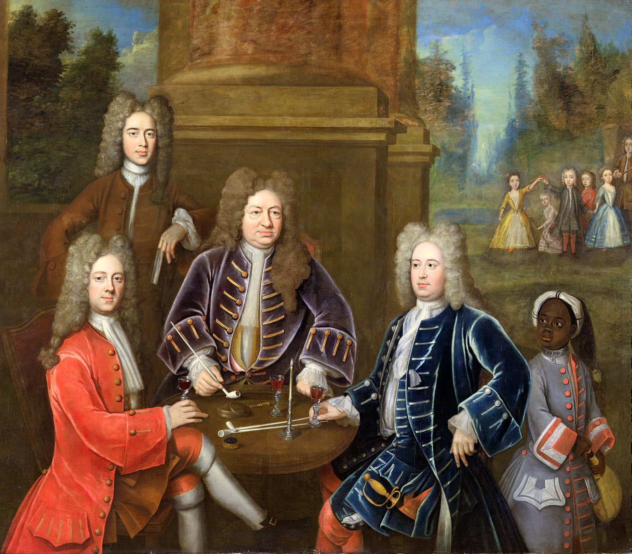 Elihu Yale (1648-1721), den anden hertug af Devonshire, Lord James Cavendish, Mr Tunstal and a Page, ca. 1708 af English School