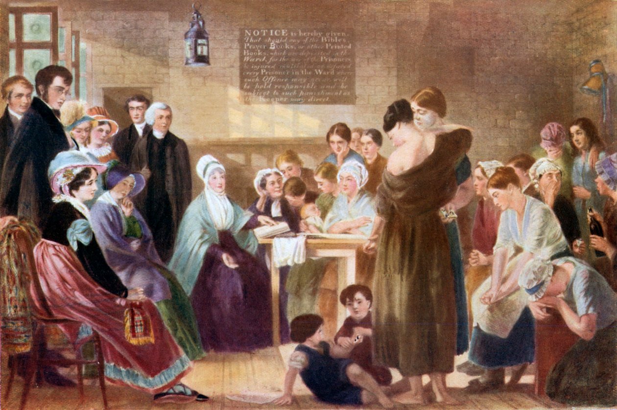 Elizabeth Fry besøger Newgate-fængslet (farvelitografi) af English School