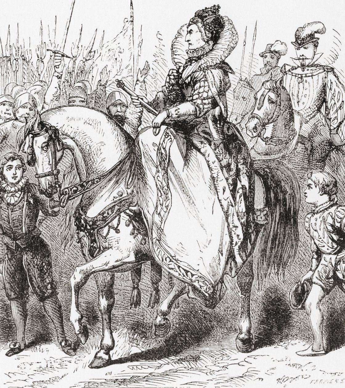Elizabeth I inspicerer sine tropper ved Tilbury Port, 1588, fra Ward and Locks Illustrated History of the World, pub. ca. 1882 af English School