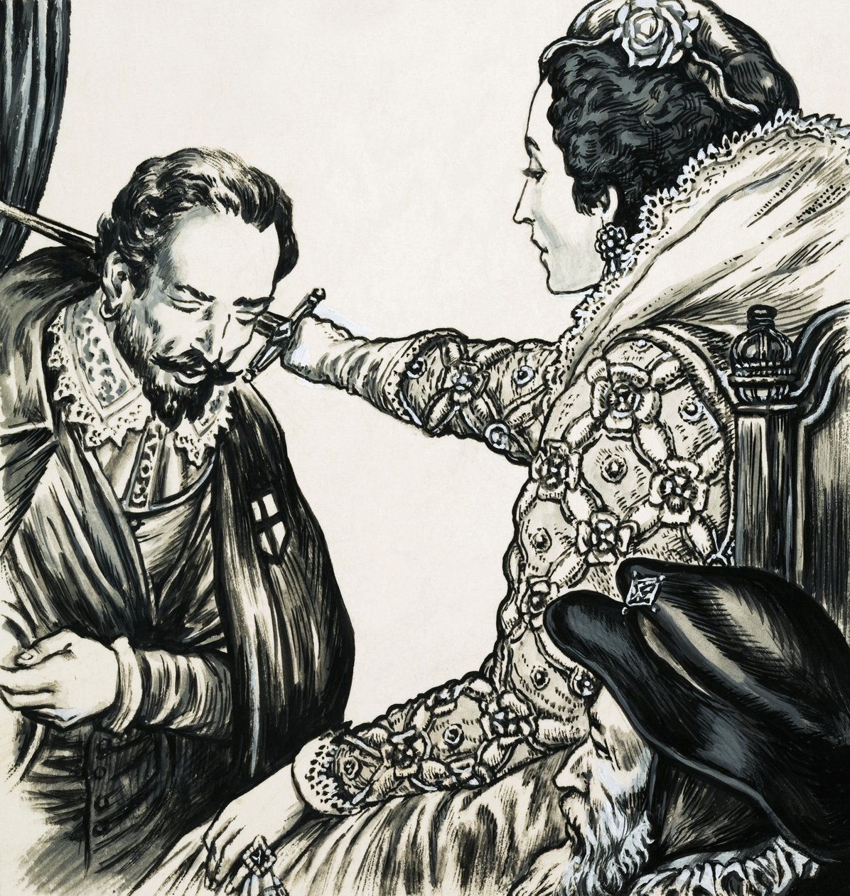 Elizabeth I slår en af sine loyale tjenere til ridder af English School