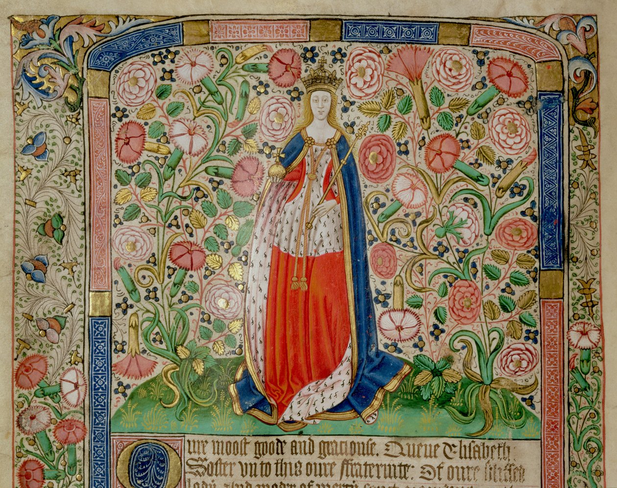 Elizabeth Woodville (ca. 1437-92) Dronningkonsort af kong Edward IV af England (1442-83) (vellum) (detaljer fra 70062) af English School