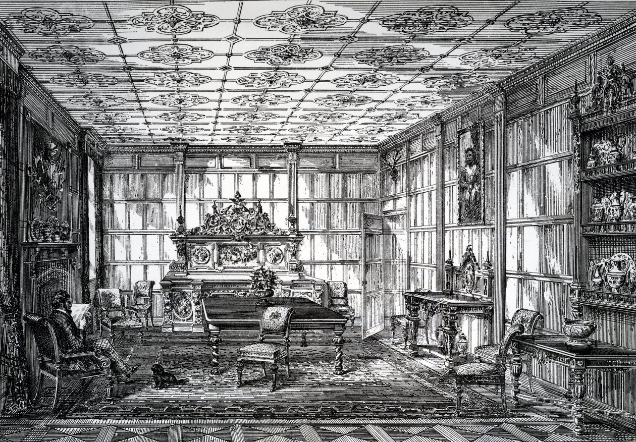 Elizabethan Dining Room, udgivet i The House-Furnisher & Decorator, 1. oktober 1872 af English School