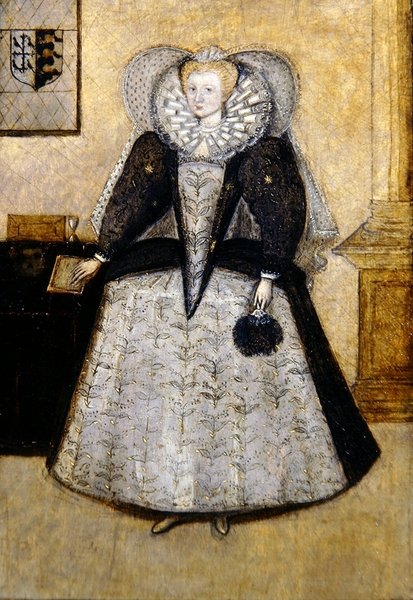 Elizabethansk portræt af en ung gift fru Golbourne, født Fleetwood (olie på panel) af English School