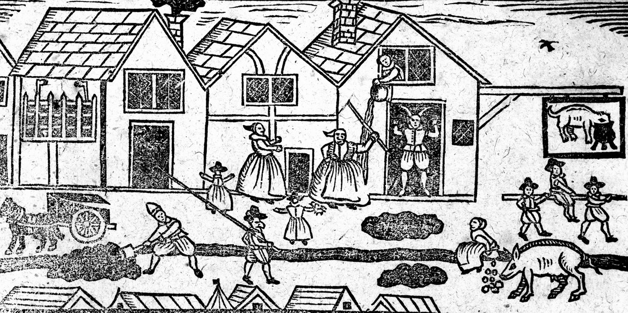 Elizabethan Street Scene, fra A Book of Roxburghe Ballads af English School