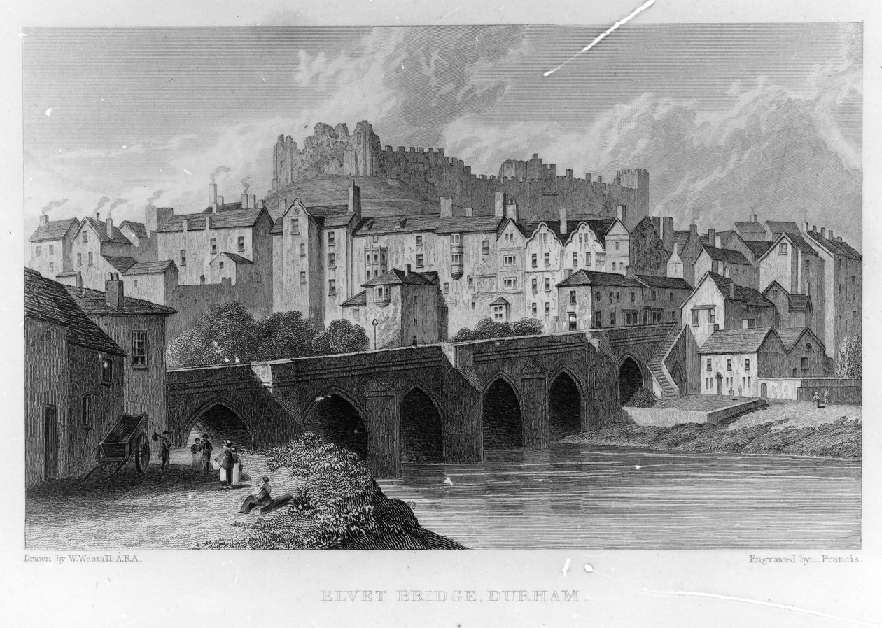 Elvet Bridge, Durham, graveret af ? Frances efter W. Westall, 1829 af English School