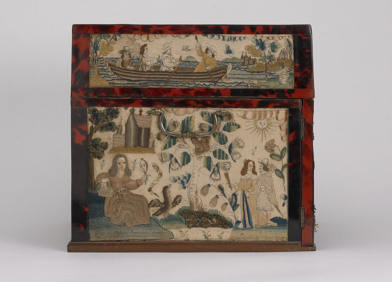 Broderet kiste, ca. 1660 (silke, lærred, træ, skildpadde og sølvbeslag) af English School
