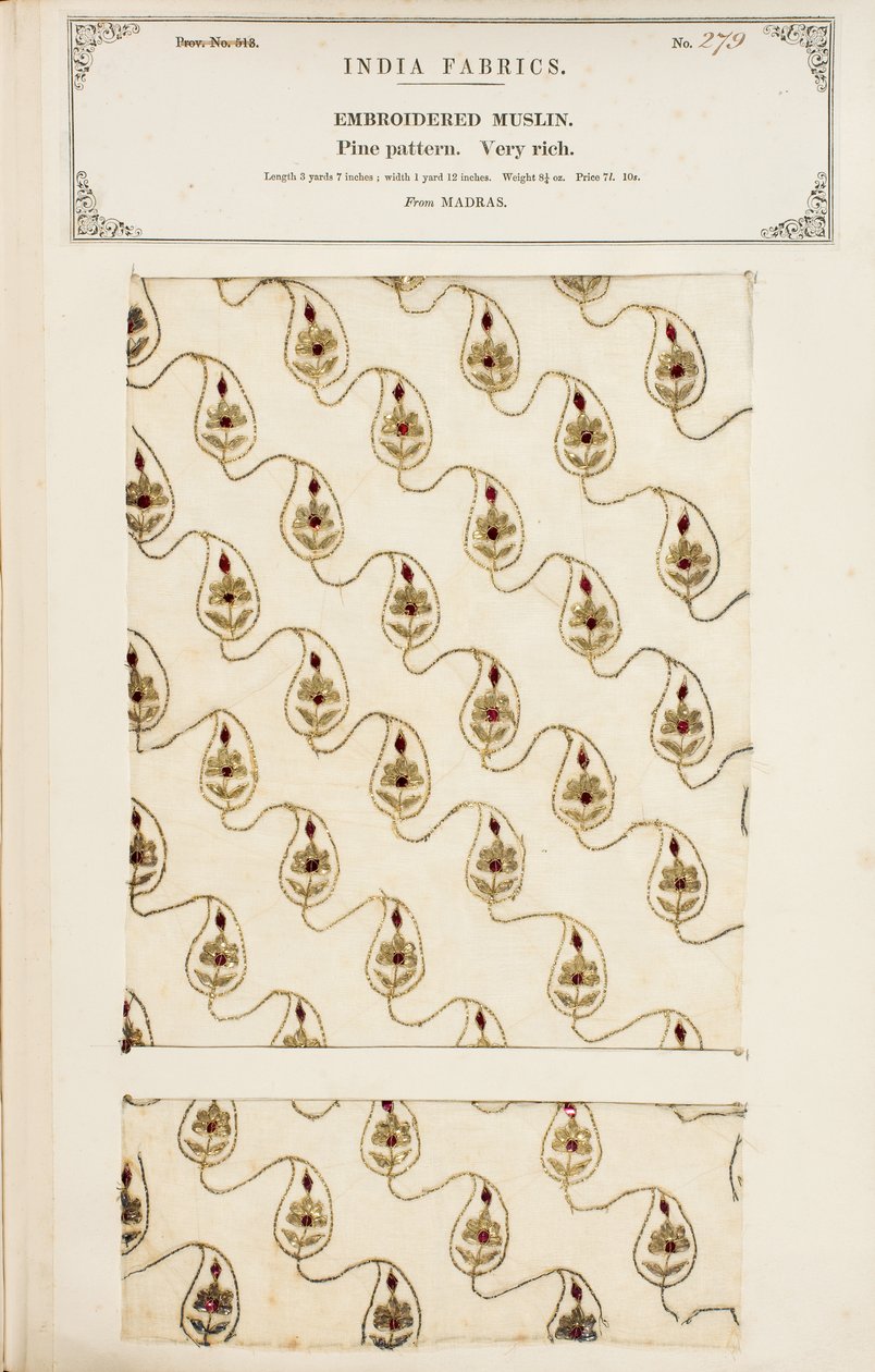 Broderet muslinprøve fra Madras, fra The Collection of the Textile Manufacturers of India, af John Forbes Watson, udgivet i 1866 af English School
