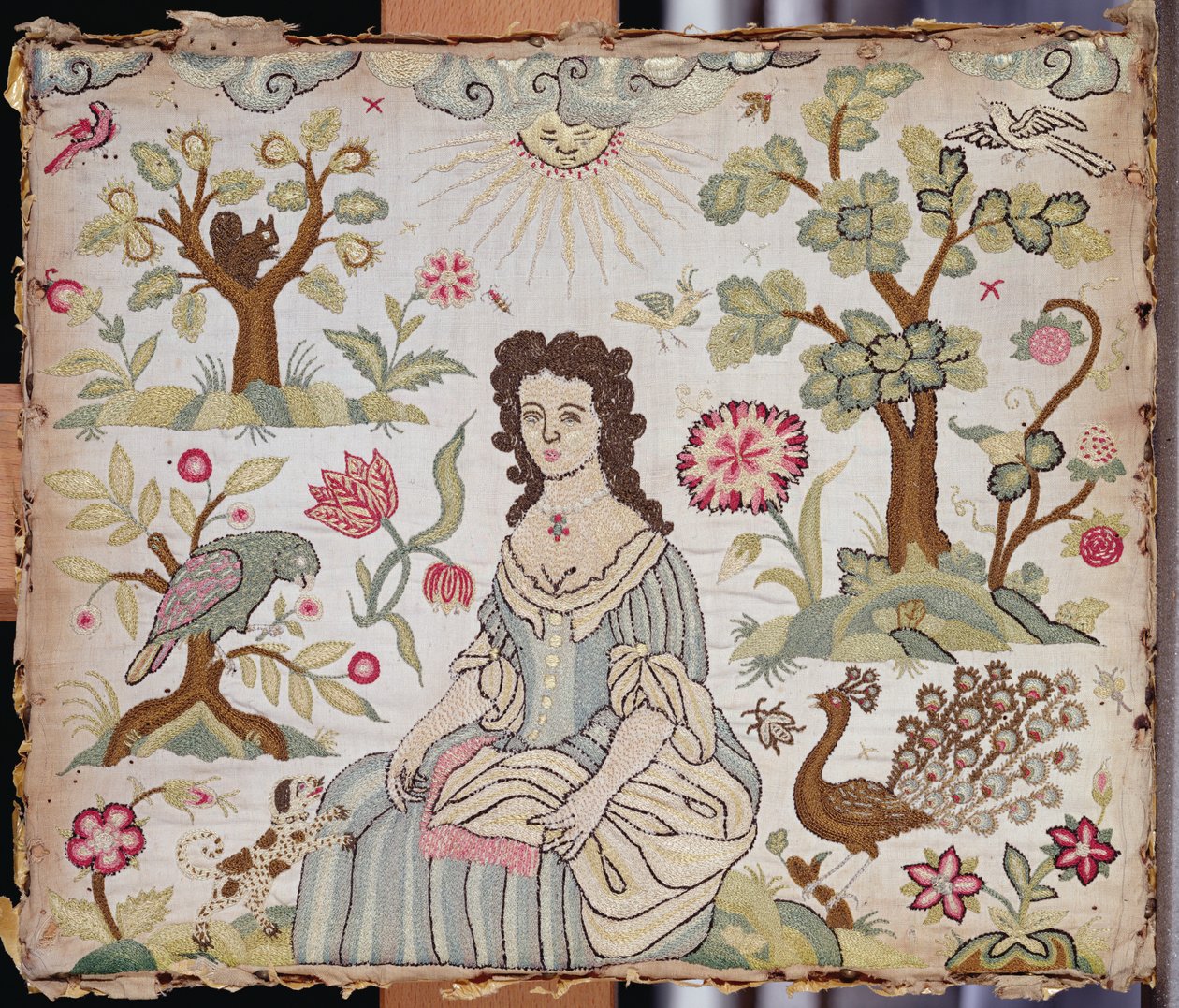 Broderet panel forestillende en dame i en have, ca. 1700 (silke) af English School