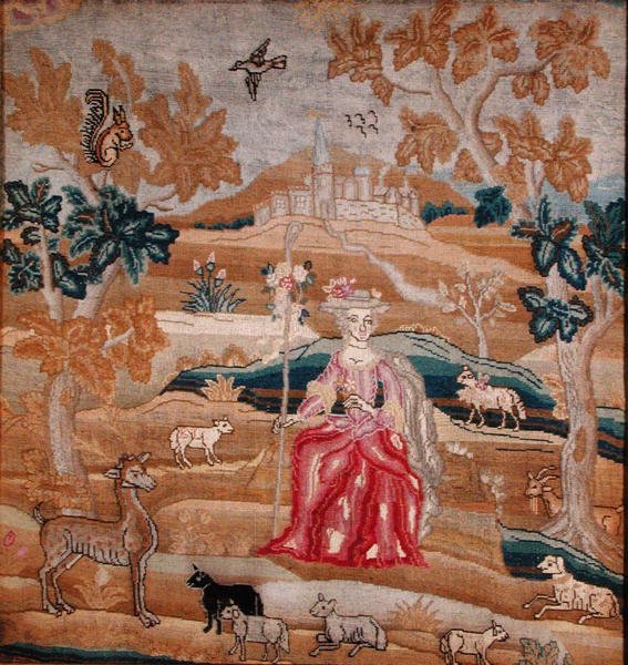 Broderet panel, der forestiller en hyrdinde foran en landsby (silke) af English School