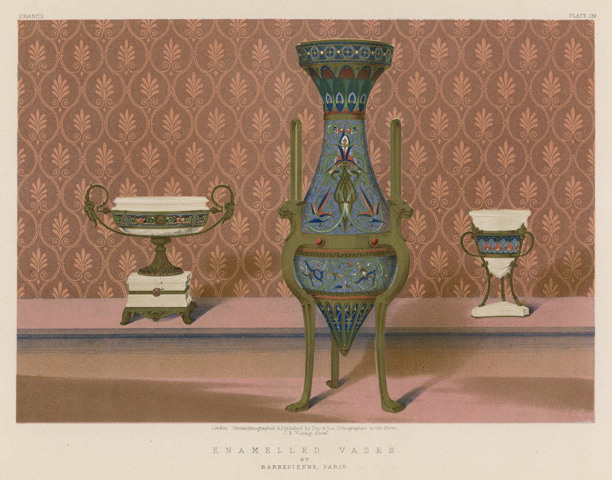 Emaljerede vaser af Barbedienne, Paris (chromolitho) af English School