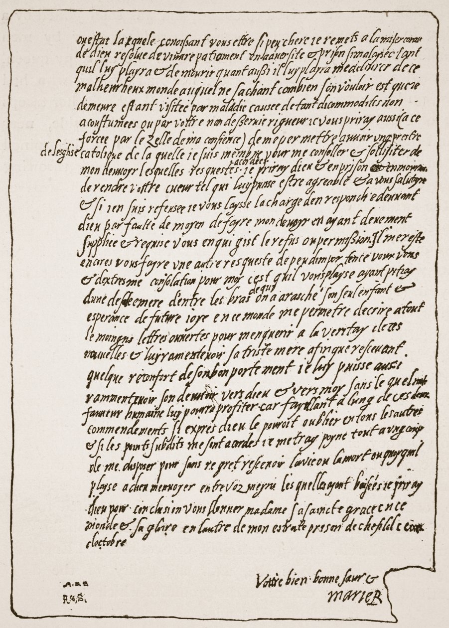 Slutningen af et brev til dronning Elizabeth, fra Mary, Queen of Scots, da hun var i fængsel, og bad om at få en katolsk kapellan, illustration fra The Church of England: A History for the People af H.D.M. Spence-Jo af English School