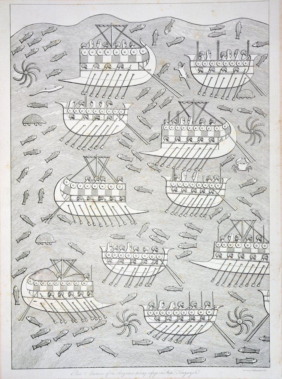 Assyrernes fjender, der søgte tilflugt i skibe, plade 71 fra Nineveh and its Remains af Austen Henry Layard (1817-94) udgivet 1849 af English School