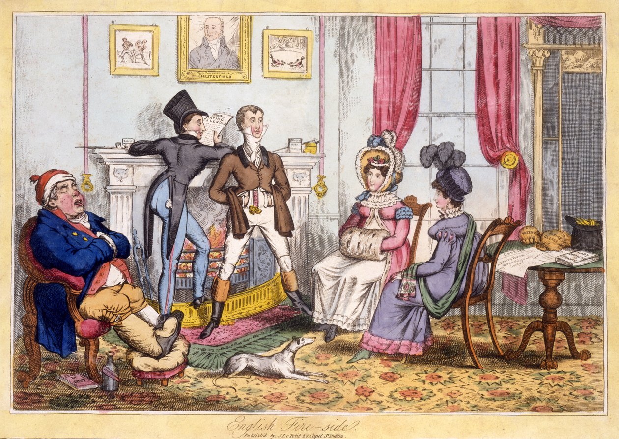 Engelsk Fireside, pub. J. lePetit, Dublin, ca. 1820 (håndkoloreret gravering) af English School