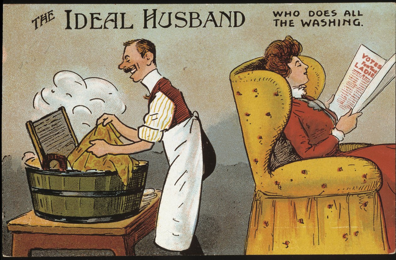 Engelsk tegneserie (ideal ægtemand): den ideelle ægtemand (der klarer alt vasketøjet) - postkort, n.d., omkring 1920. af English School