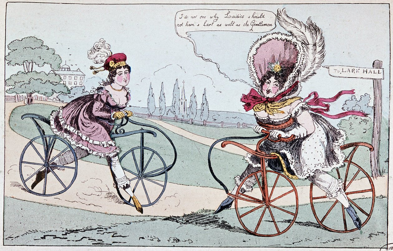 Engelsk tegneserie om hobbyheste i 1819 (første cykler) - i "" Teoretisk og praktisk cykling"" af Baudry de Saulnier af English School