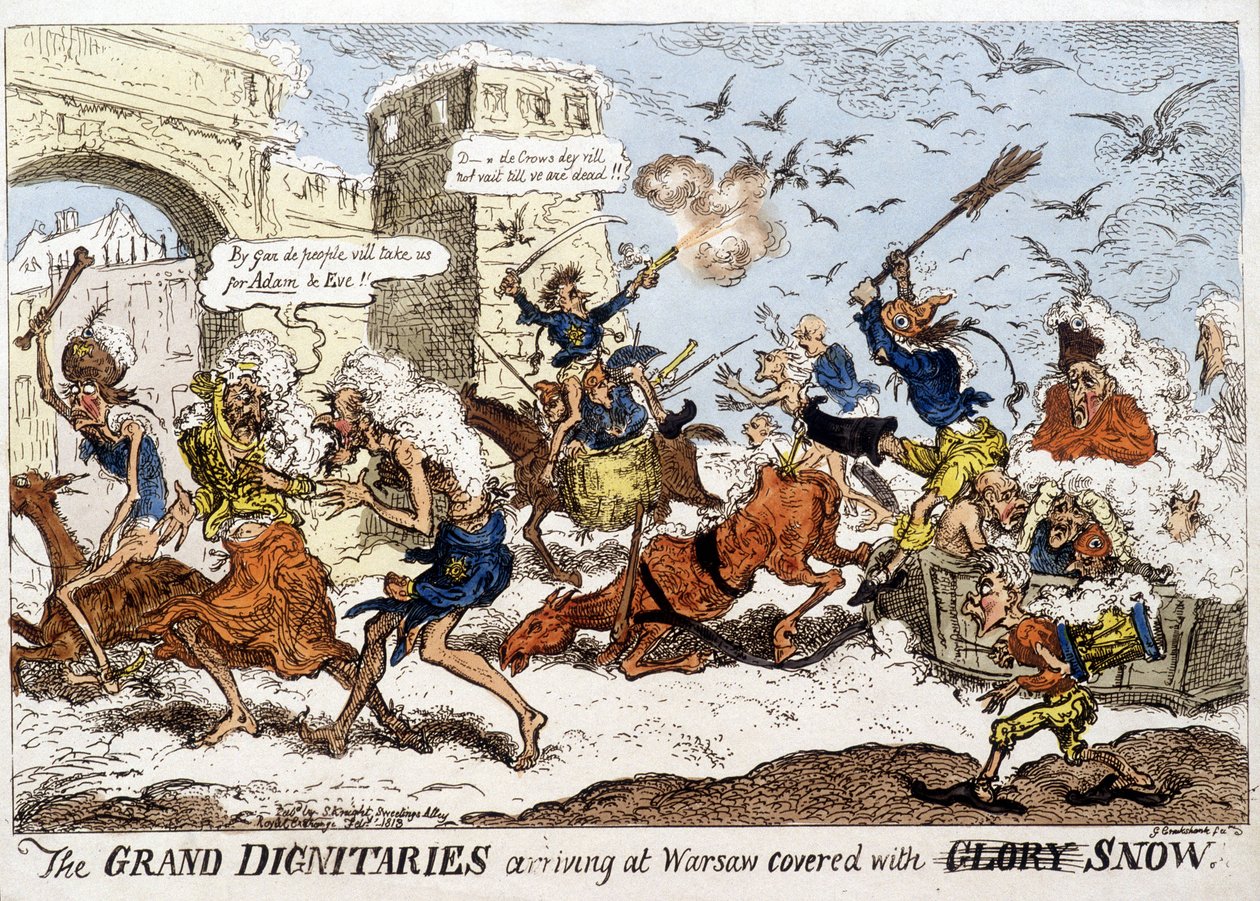 Engelsk tegneserie om Napoleonshærens ankomst til Warszawa i snevejr efter det russiske tilbagetog i december 1812. af English School