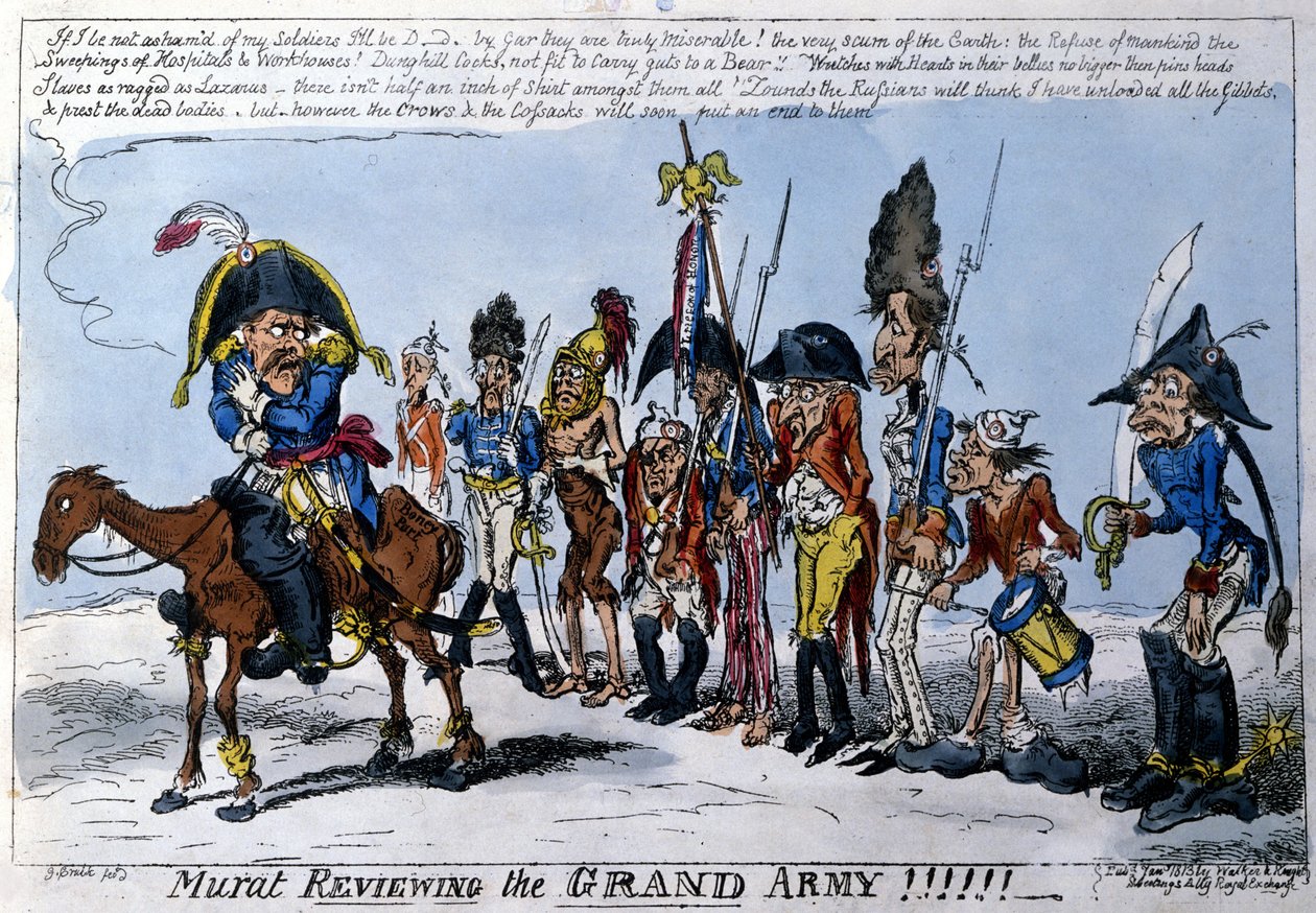 Engelsk tegneserie, der skildrer Joachim Murat (1767 - 1815), marechal af imperiet i spidsen for den store armé. januar 1813. af English School