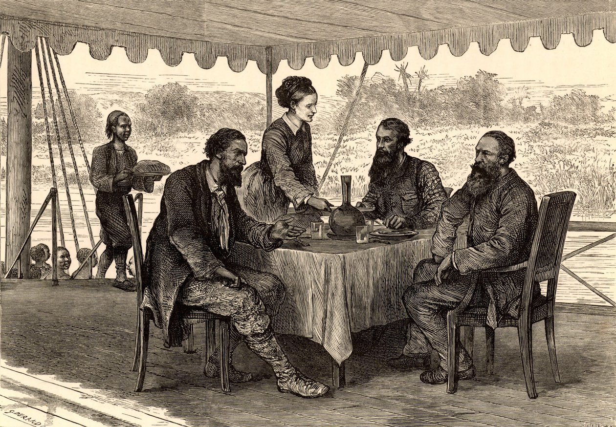 De engelske opdagelsesrejsende John Hanning Speke (1827-1864) og James Augustus Grant (1827-1892) i Gondokoro, Sydsudan, ved afslutningen af deres ekspedition, hvor de blev mødt af Samuel (1821-1893) og Florence (1841-1916) Baker (kobberstik). af English School