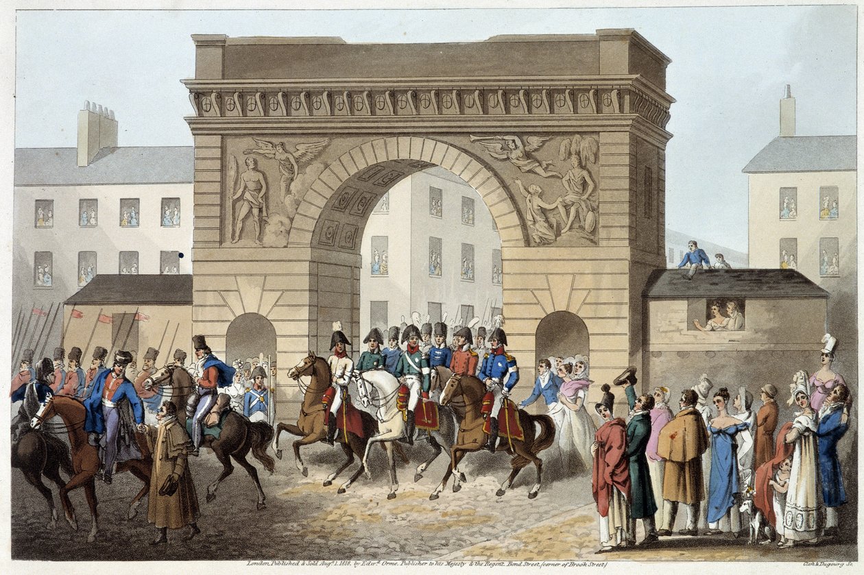 Englændere og allierede indtog Paris i "Historical, military and naval anecdotes and incidents that arrived at the arms of Great Britain and their allies, ending in Waterloo" af Edward Orme. Ill. af Fry, Sutherland, Clark, Dubourg, W.Heart, JA, Atkinso af English School