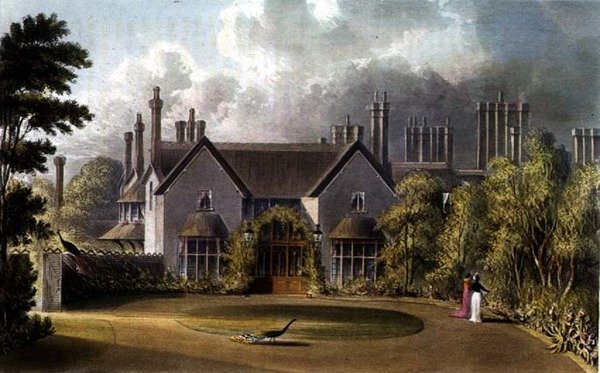 Indgangsfacade til Hans Majestæts Cottage, Windsor Great Park, fra R. Ackermanns (1764-1834) "Repository of Arts af English School