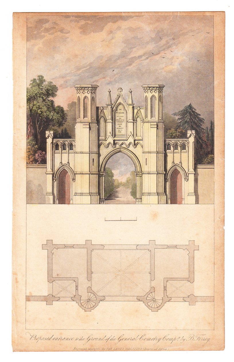 Indgang til Highgate Cemetery udgivet af The Lady Magazine, omkring 1839. af English School