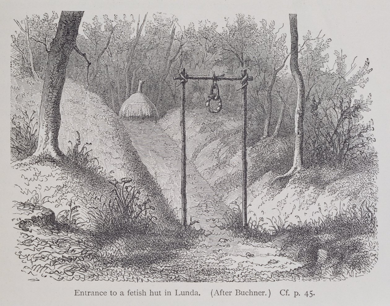 Indgang til en fetichhytte i Lunda, fra The History of Mankind, bind 1, af prof. Friedrich Ratzel, 1896 af English School
