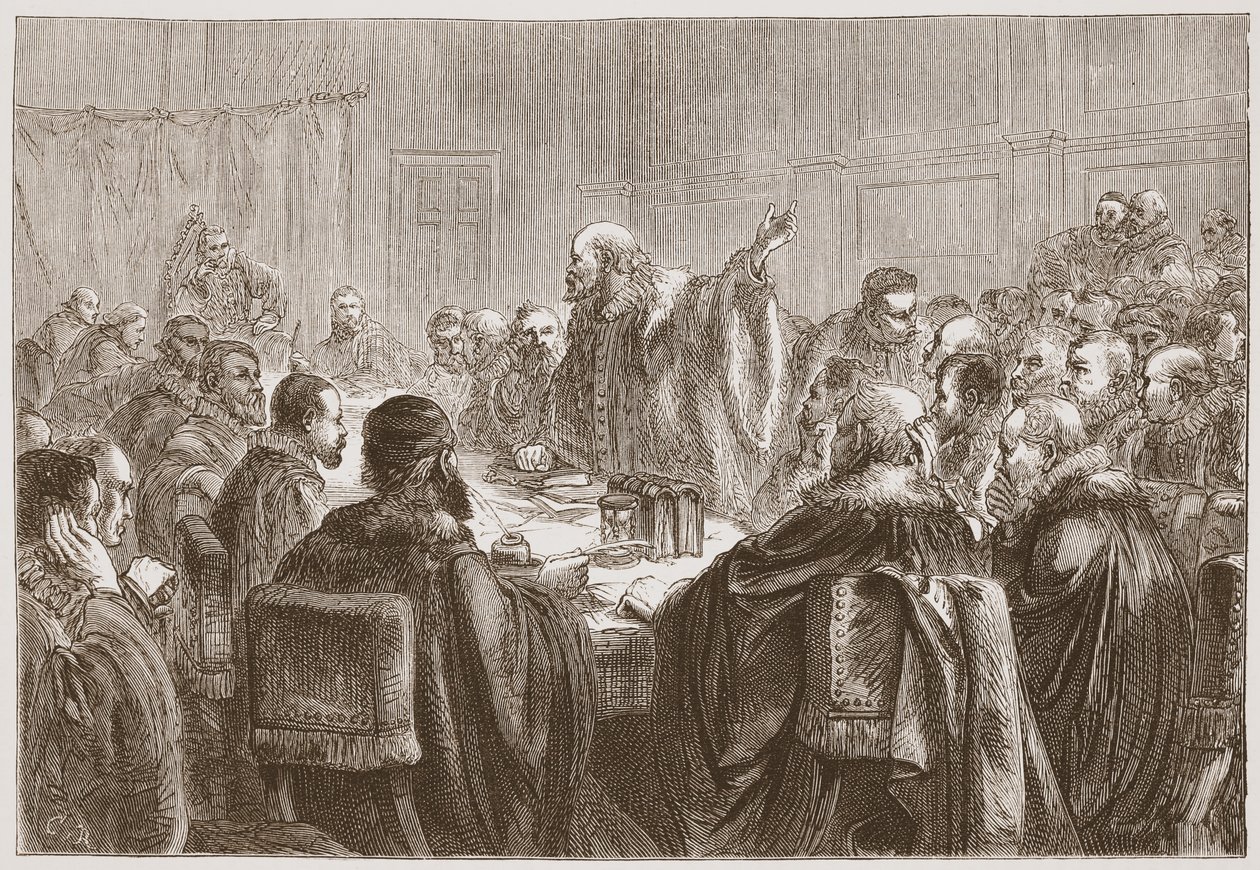 Episcopius henvender sig til medlemmerne af Synoden i Dort, illustration fra The History of Protestantism af James Aitken Wylie (1808-1890), pub. 1878 af English School
