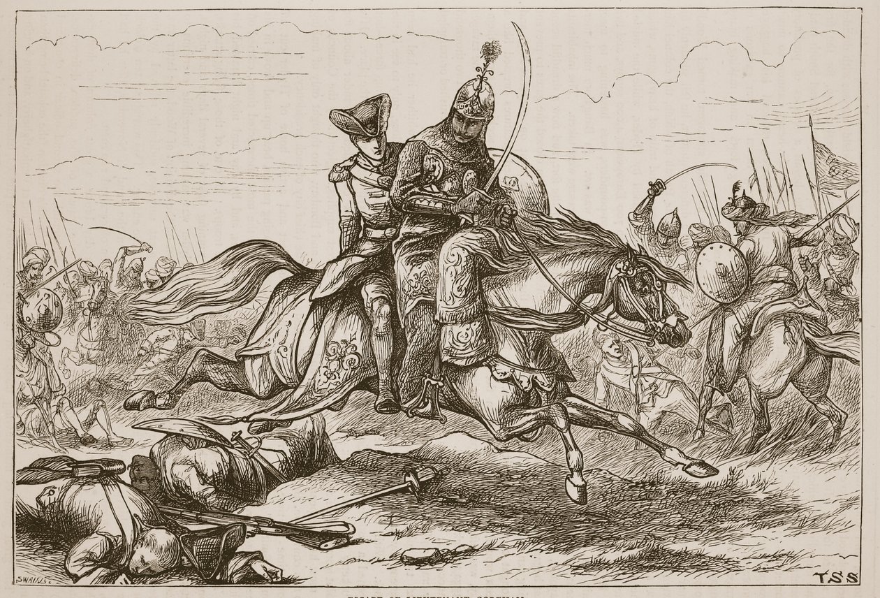 Escape of Lieutenant Goreham, illustration fra Cassells Illustrated History of India af James Grant, pub. 1879 af English School