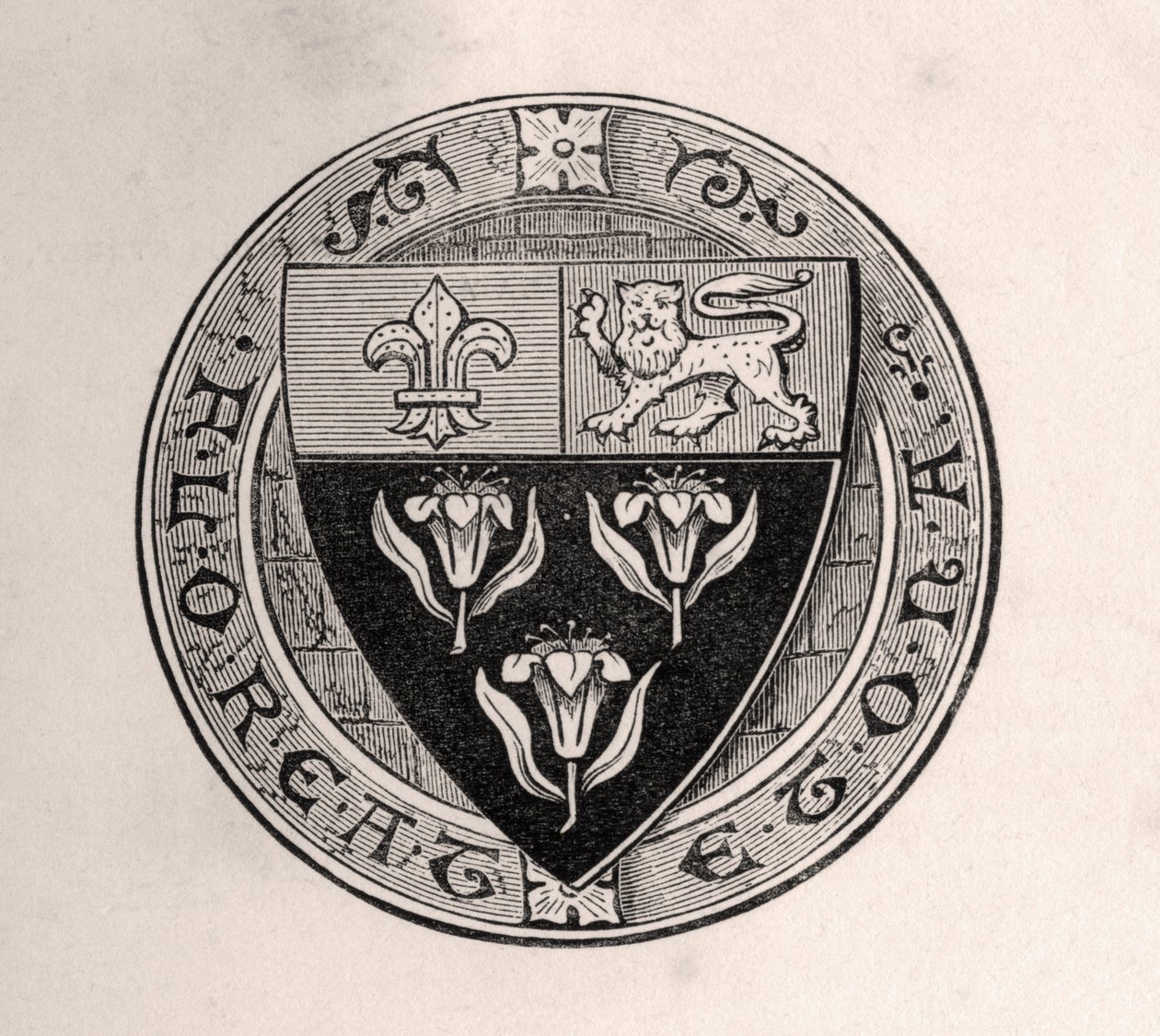 Eton-skjold lagt over roundel med skolemotto, illustration fra Memoirs of Eminent Etonians, af Sir Edward Creasy udgivet London 1876 af English School