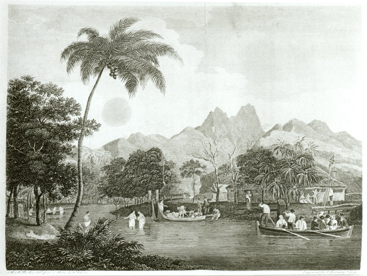 Europæiske missionærer i en Tahitilandsby, fra en missionsrejse til det sydlige Stillehav udført i årene 1796-98 i Ship Duff, udgivet 1799 af English School